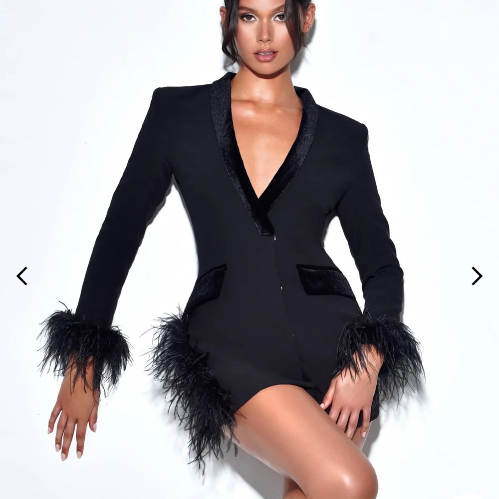 Elegant Black Feather Trim Blazer Dress